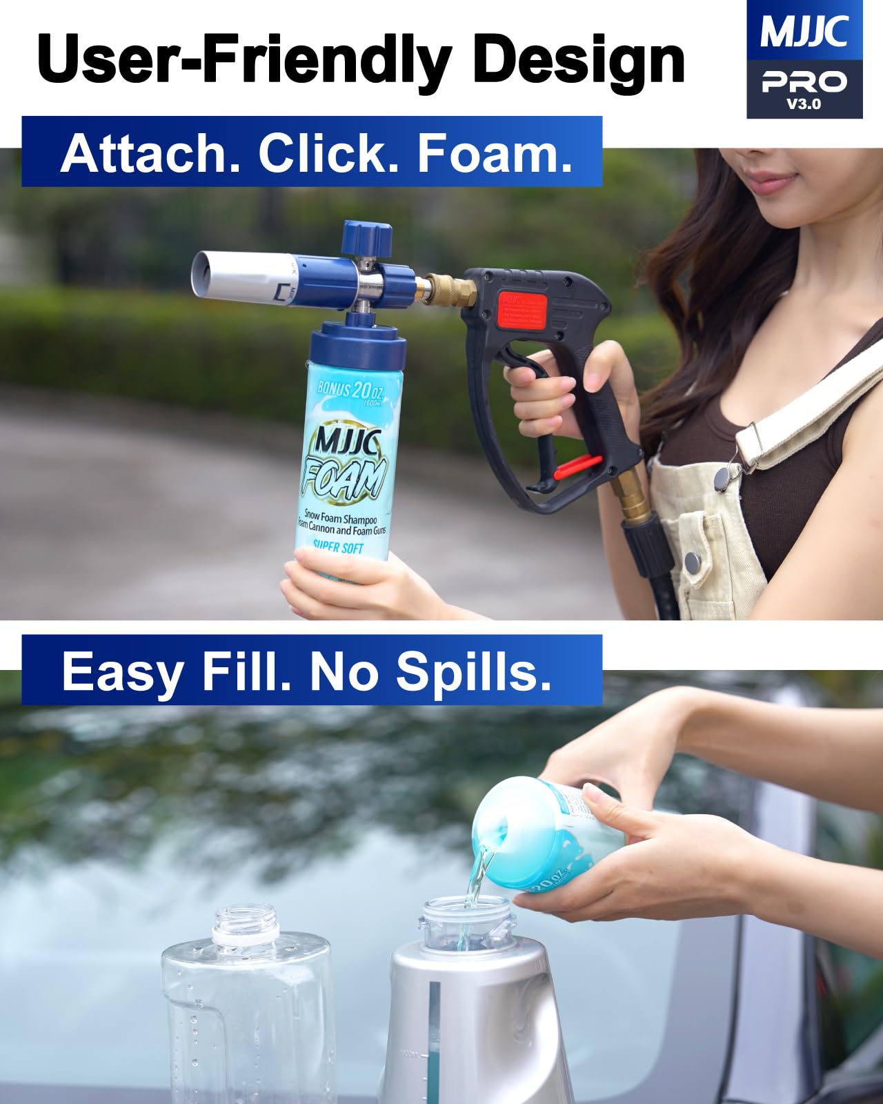 MJJC PRO V3.0 foam pattern with soap shows dense, clingy foam for car washing