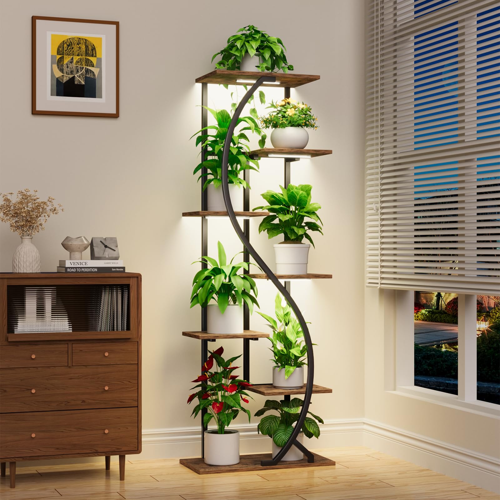 MJOMKN 59-tall plant stand with grow light, thriving greenery in low light.