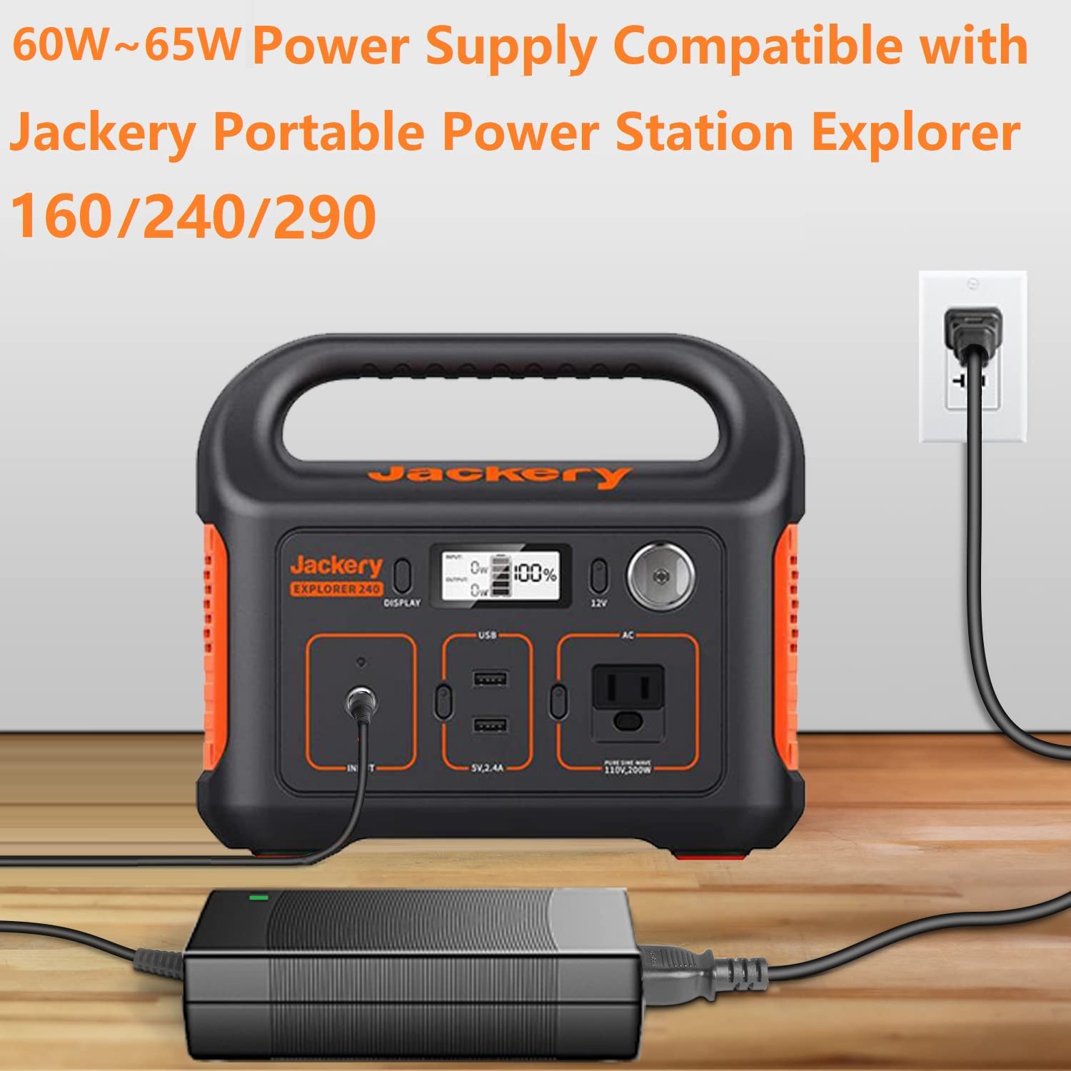 MJPOWER 65W Jackery adapter side view highlighting built-in tip and cable access.
