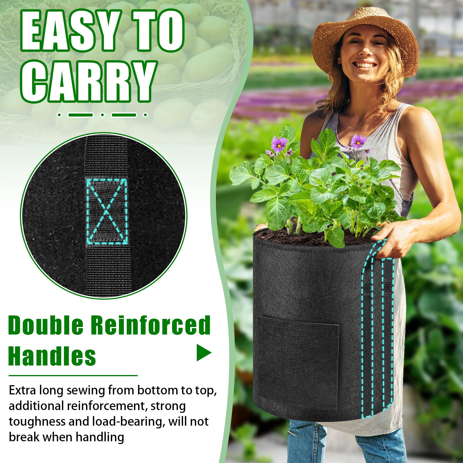 MJZ 15-gallon grow bag demonstrating breathable, durable fabric and good drainage.