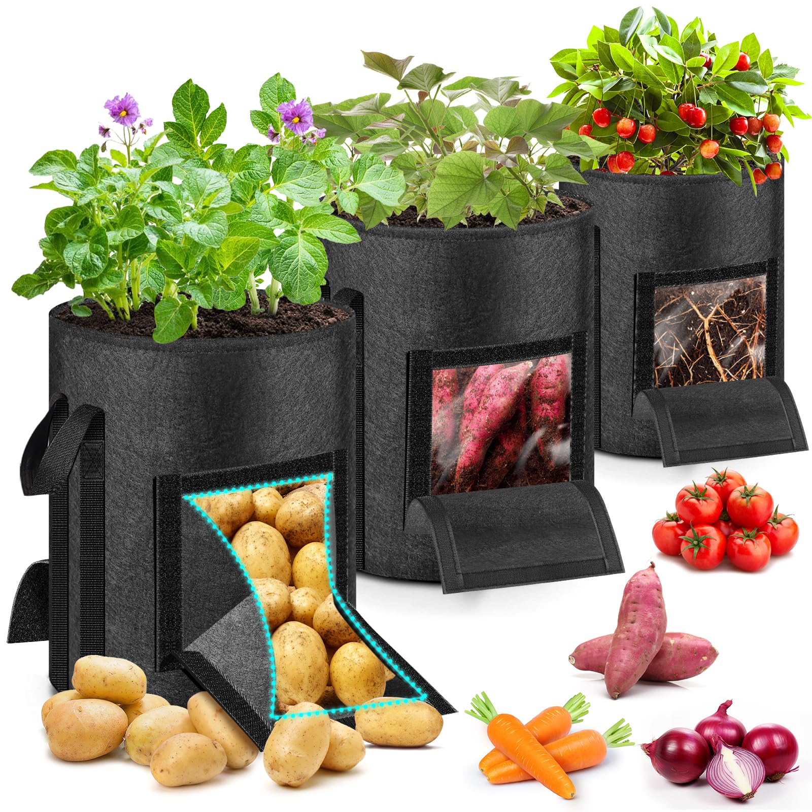 MJZ 3-pack potato grow bag with harvest window for easy harvest and root protection.