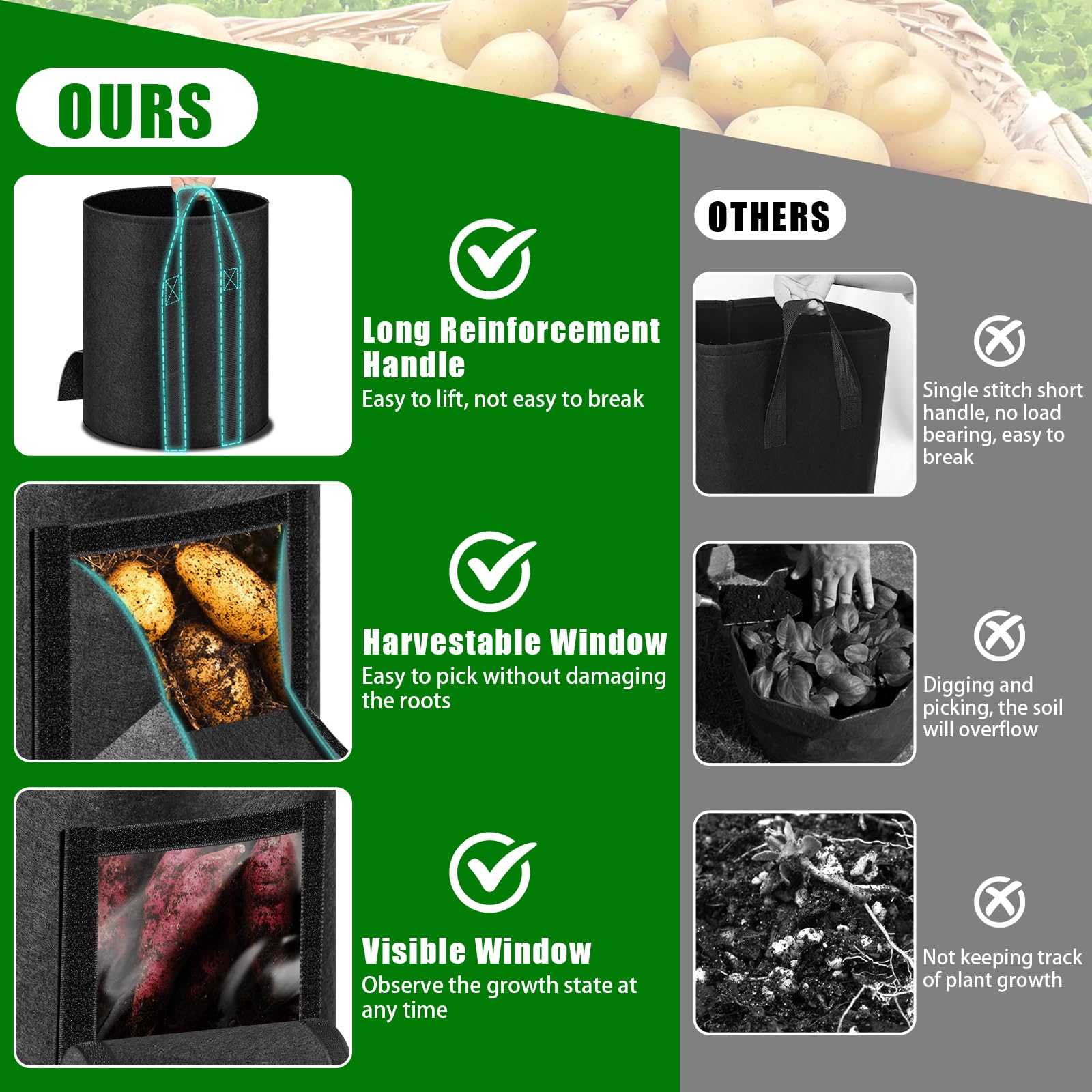 MJZ large-capacity potato grow bag ideal for deep roots and reuse season after season.