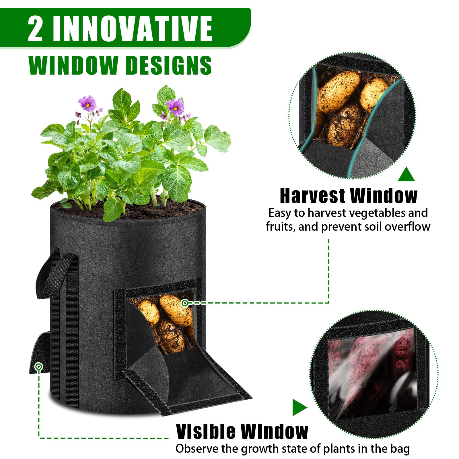 MJZ 3-pack grow bag featuring long reinforced handles for easy movement.