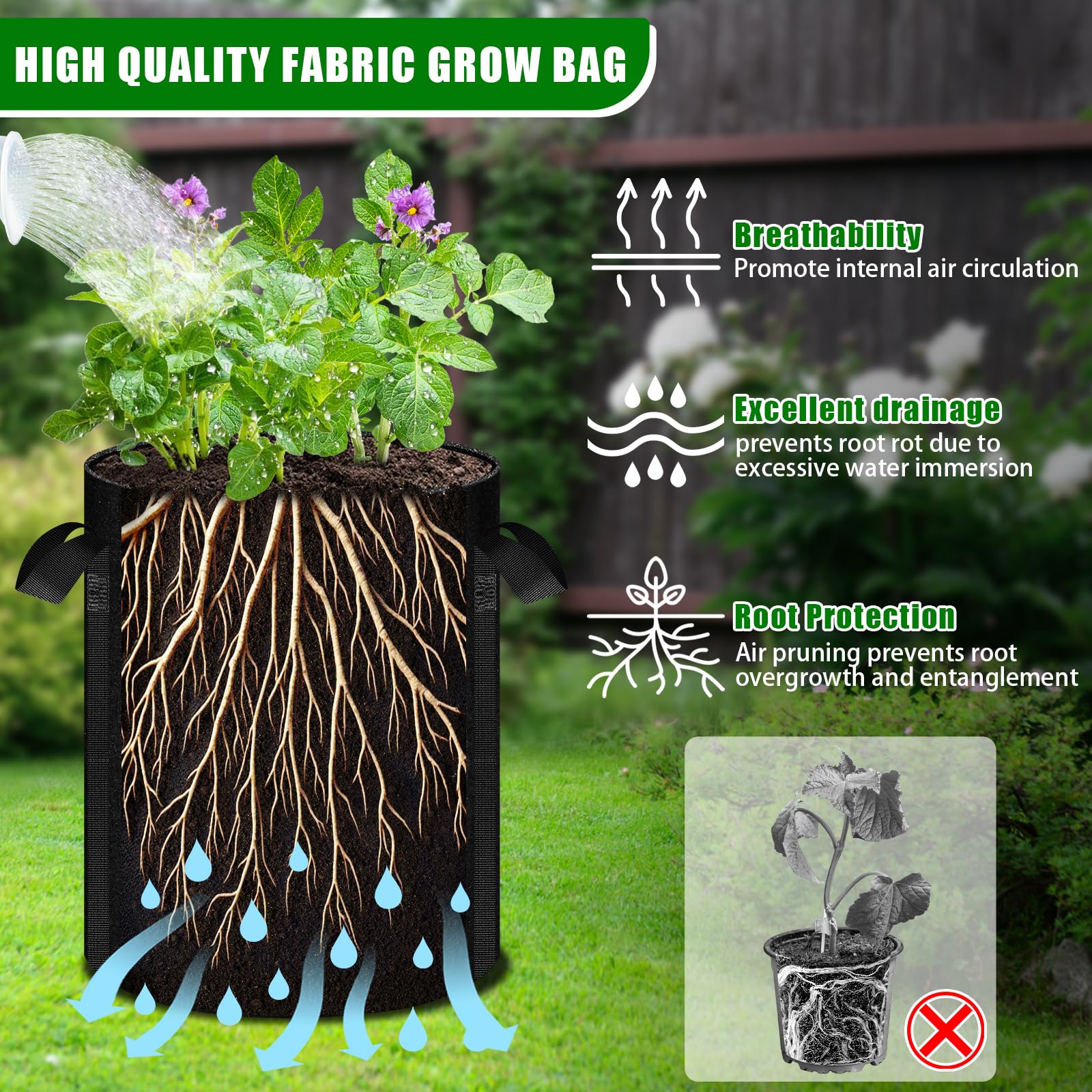 MJZ reusable fabric grow bag that folds for compact storage between seasons.
