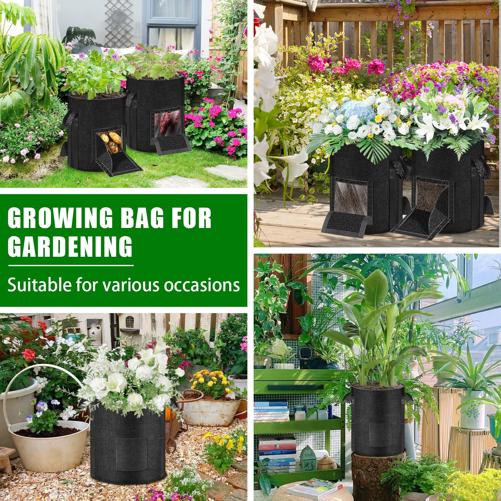 MJZ versatile grow bags suitable for potatoes, onions, tomatoes, peppers, and more.