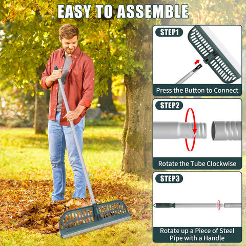 MJZ turf rake with coarse-teeth side clears larger debris like twigs