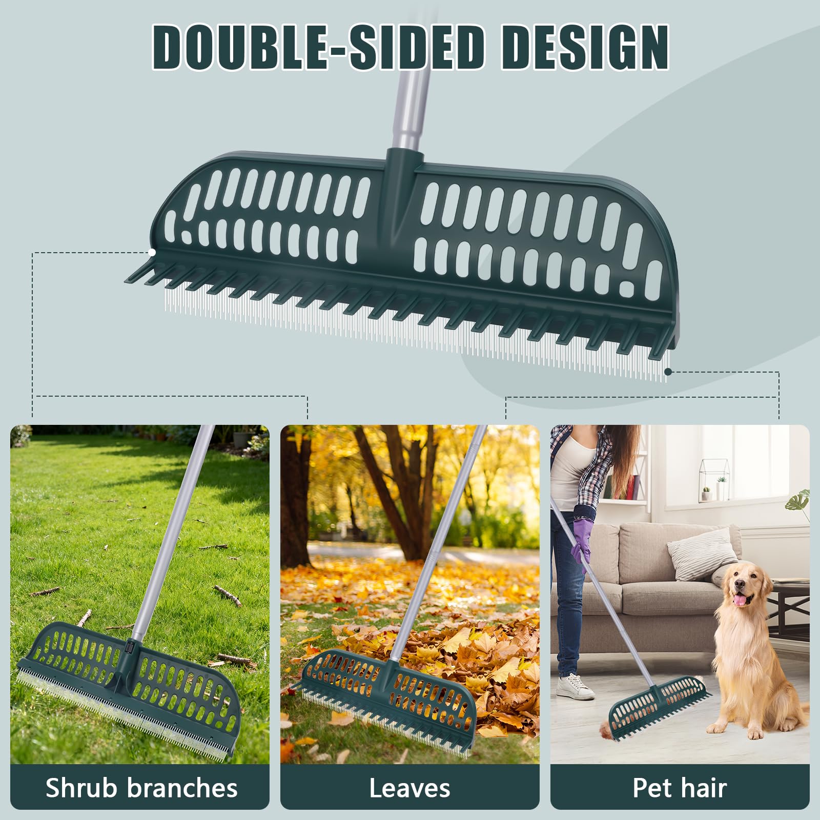 MJZ double-sided turf rake showing bristles side for leaves and pet hair removal