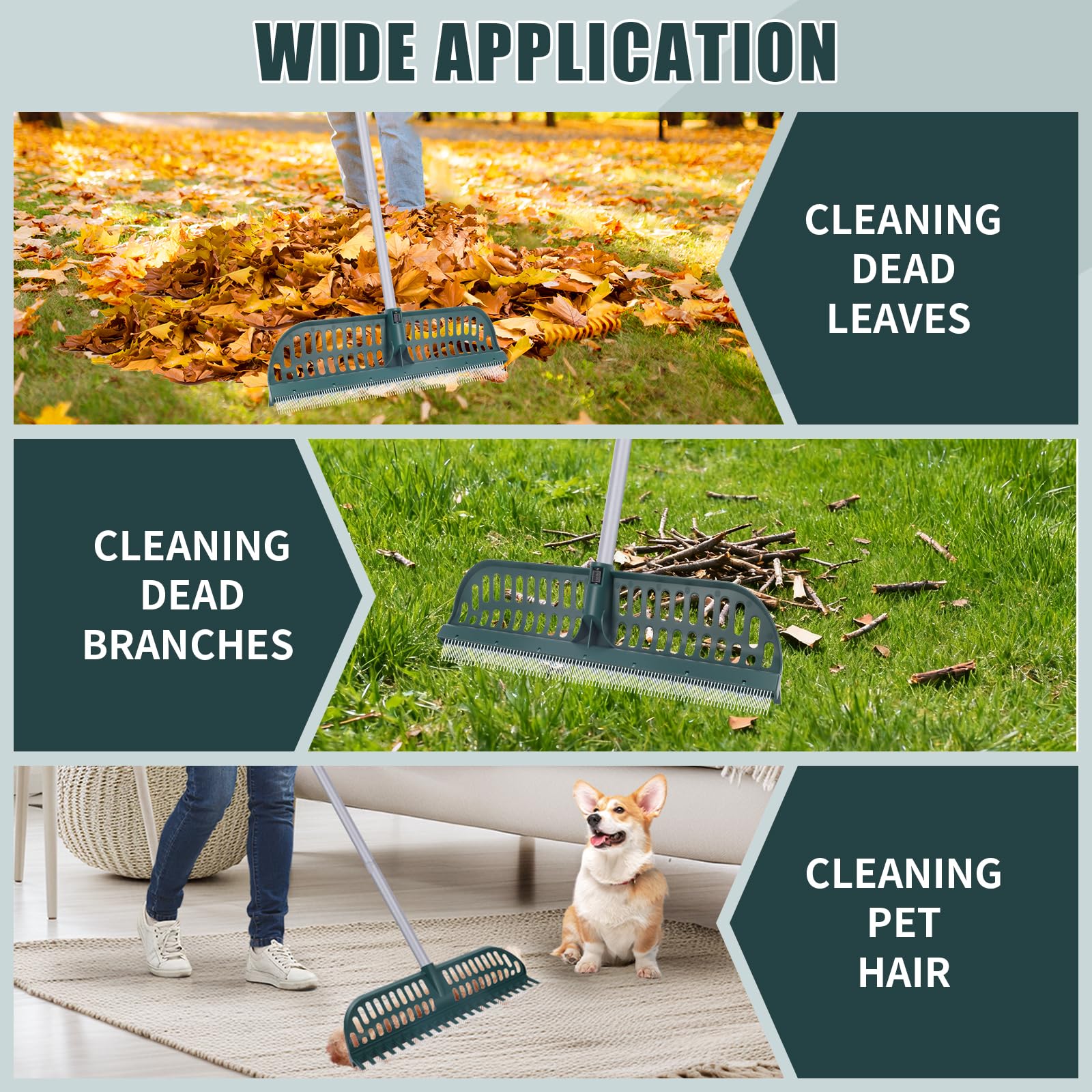 MJZ adjustable-height rake supports comfortable cleaning at 33.5, 48, or 62.5 inches