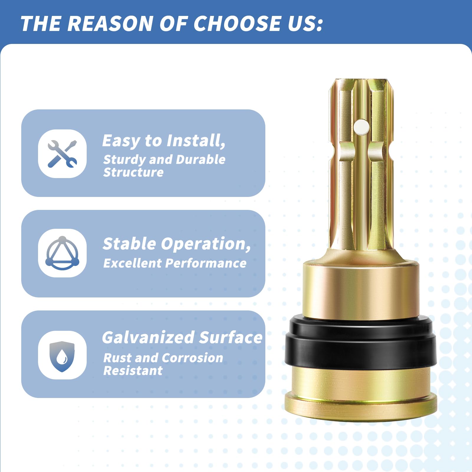 Mkekexe heavy-duty male connector for 1-3/8 inch six-spline PTO, compatible and secure.
