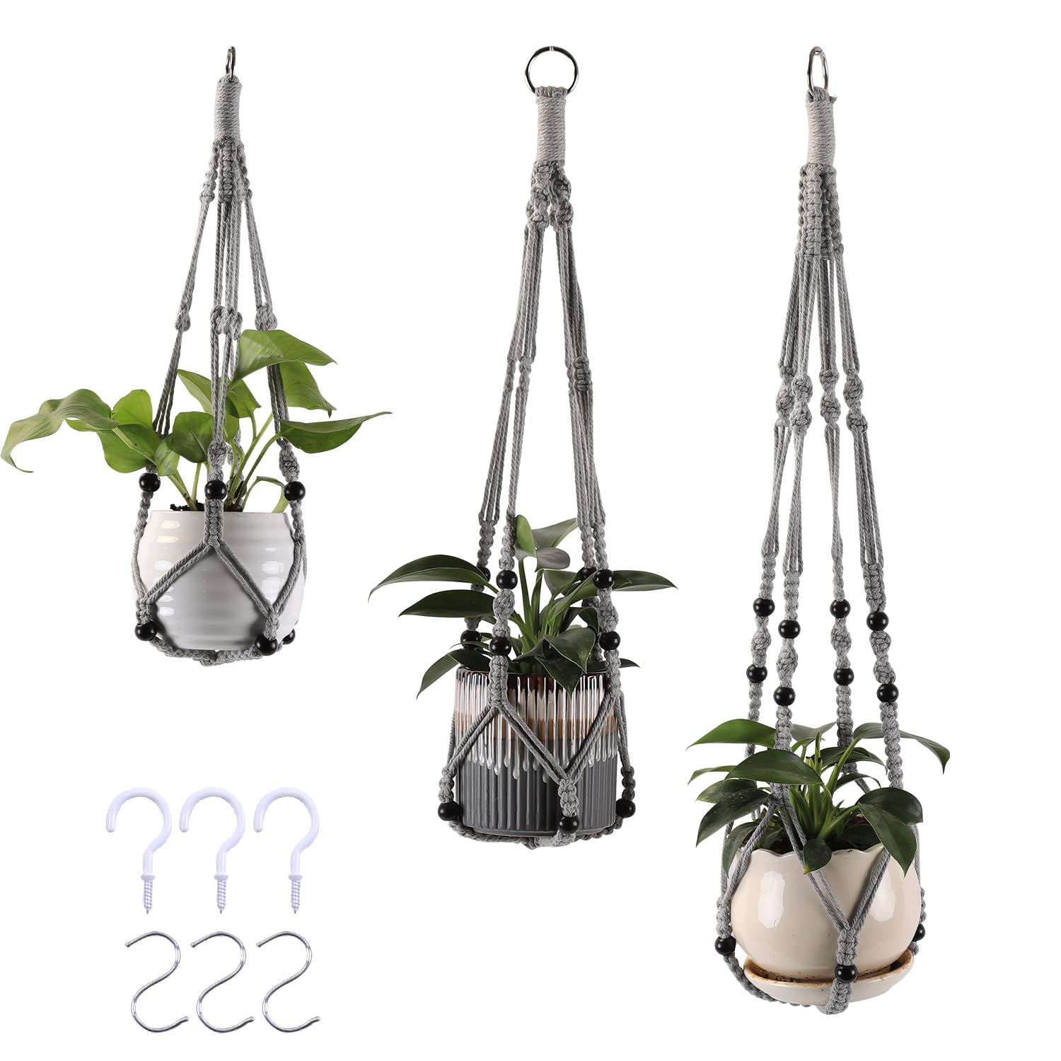 MKO SHUN macrame plant hanger trio on ceiling display saves shelf space.