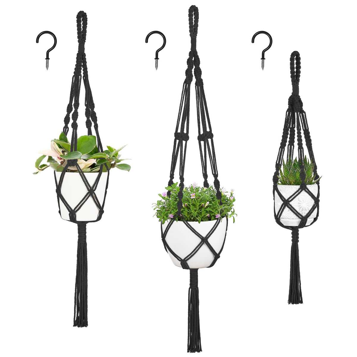 Mkono 3-pack macrame plant hangers elevate indoor decor for lightweight pots.