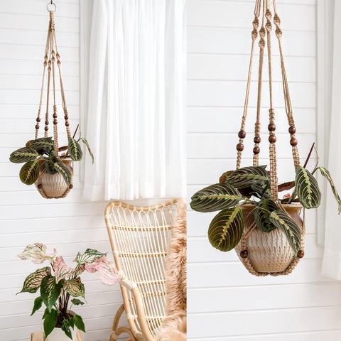 Mkono 35-inch macrame hanger for indoor or outdoor display.