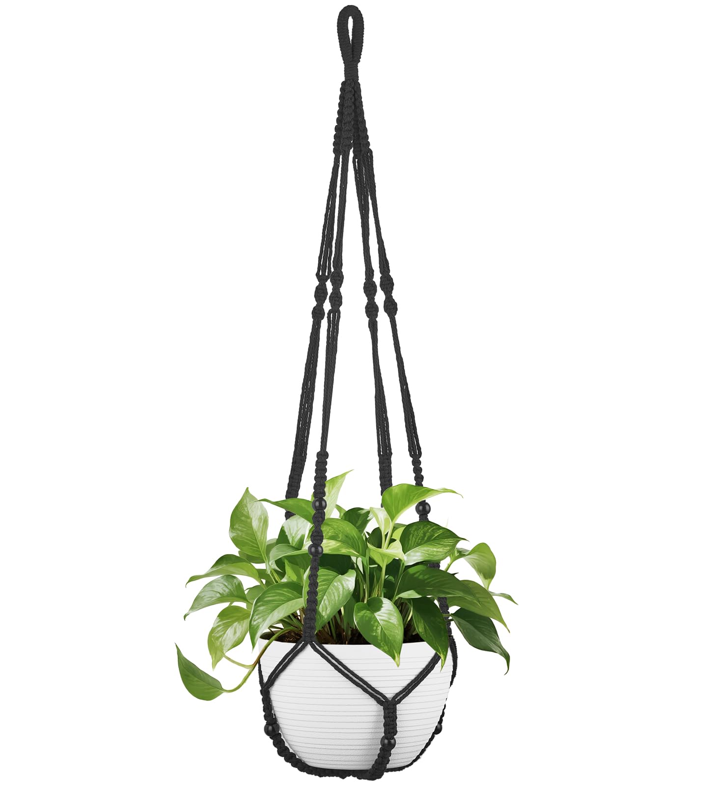 Mkono 43-inch macrame plant hanger in black with wood beads for stylish indoor decor.