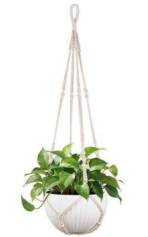 Mkono 43-inch macrame plant hanger ivory showcases a bold indoor display for large plants.