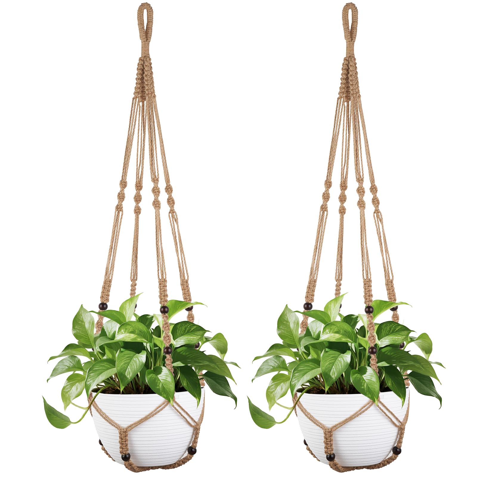 Mkono 43-inch macrame plant hanger with wood beads for a 12-inch pot, stylish indoor outdoor display.