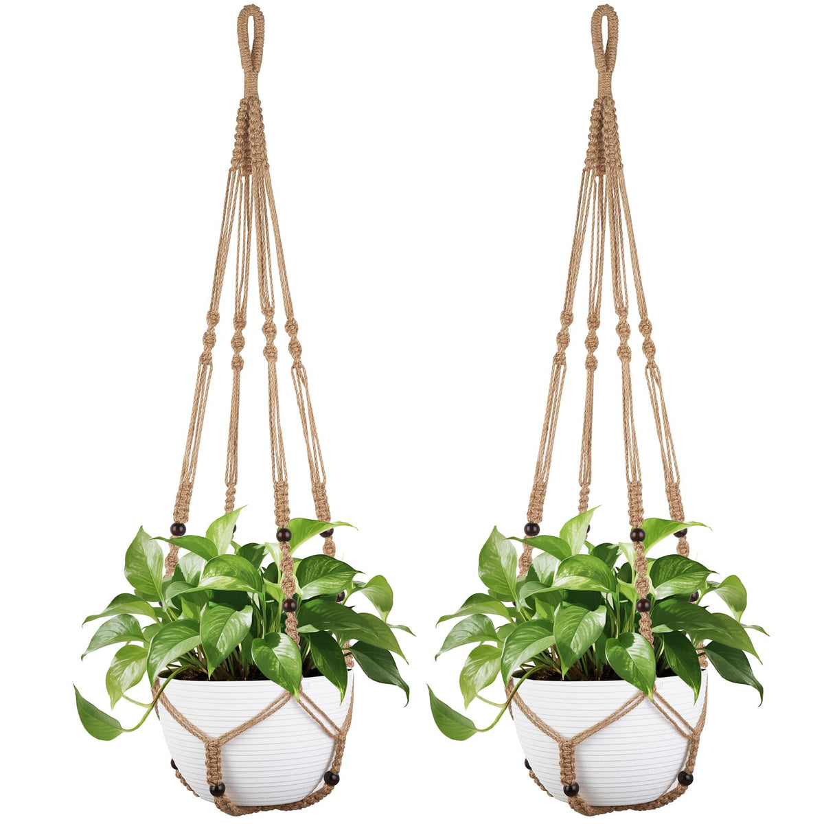 Mkono 43-inch macrame plant hanger with wood beads for a 12-inch pot, stylish indoor outdoor display.