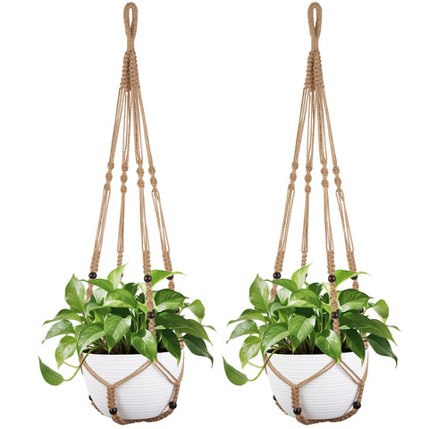 Mkono 43-inch macrame plant hanger with wood beads for a 12-inch pot, stylish indoor outdoor display.