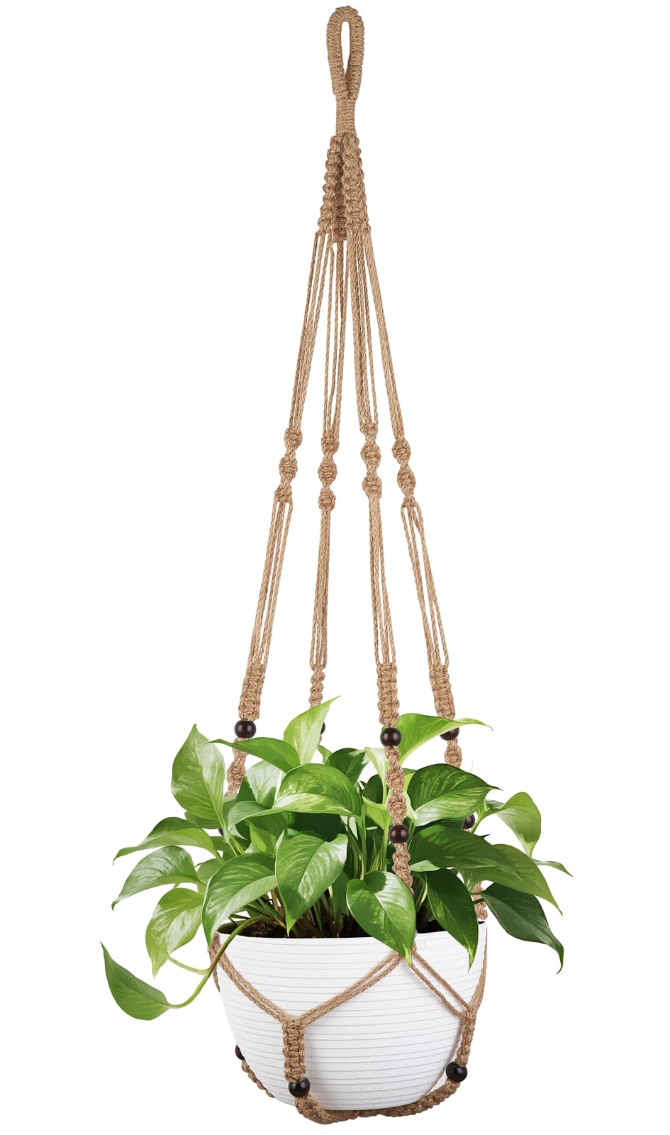 Mkono 43-inch macrame plant hanger cradling a 12-inch pot for chic indoor decor