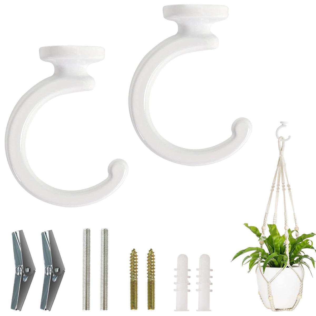 Mkono ceiling hooks for hanging plants with white finish, supports up to 25 pounds.