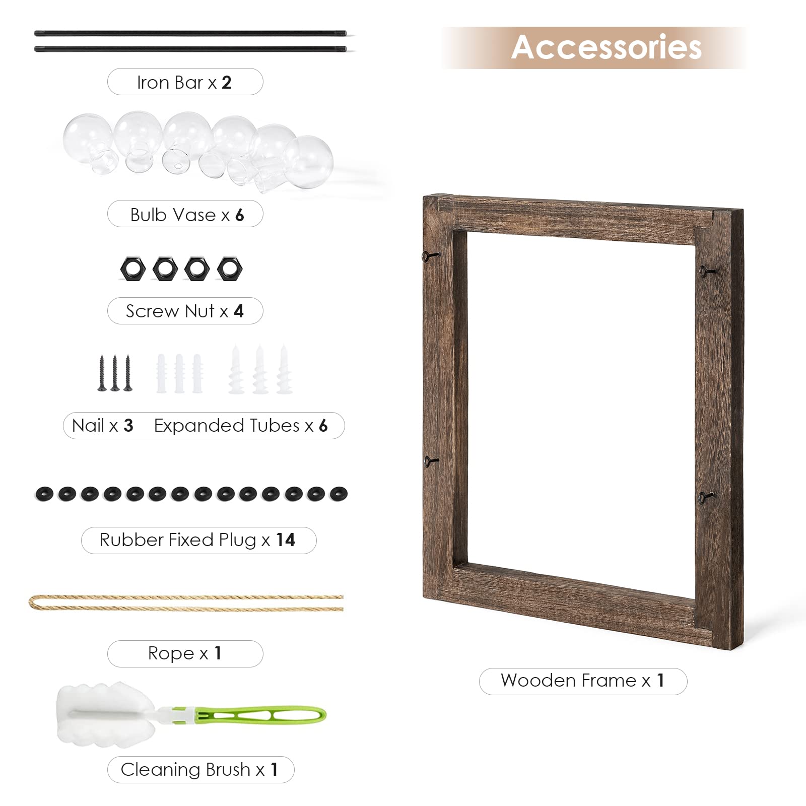 Mkono dimensions: wooden frame and bulb vases for planning layout.
