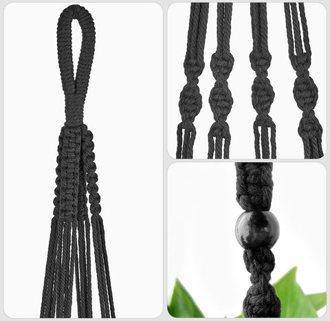 Mkono black macrame planter with wood beads creates a focal point.