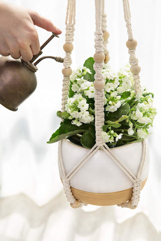 Mkono indoor-outdoor macrame hanger in ivory, versatile use
