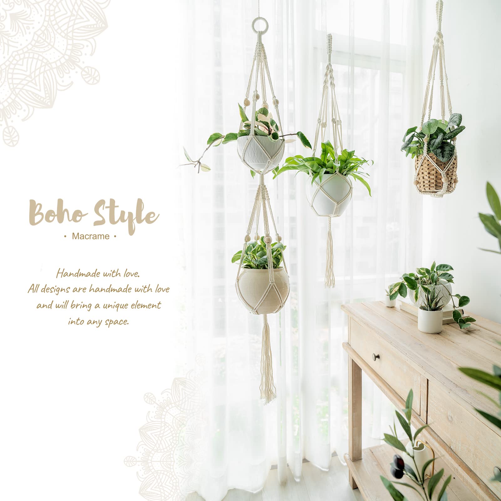 Mkono macrame hanger side view highlights four-leg support
