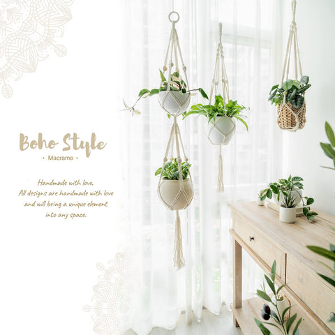 Mkono macrame hanger side view highlights four-leg support