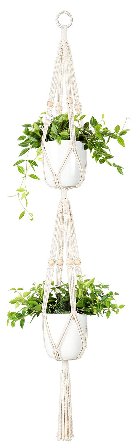 Mkono macrame double plant hanger top view with four-legs design for indoor display