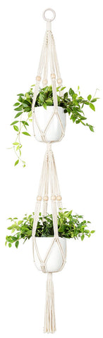 Mkono macrame double plant hanger top view with four-legs design for indoor display