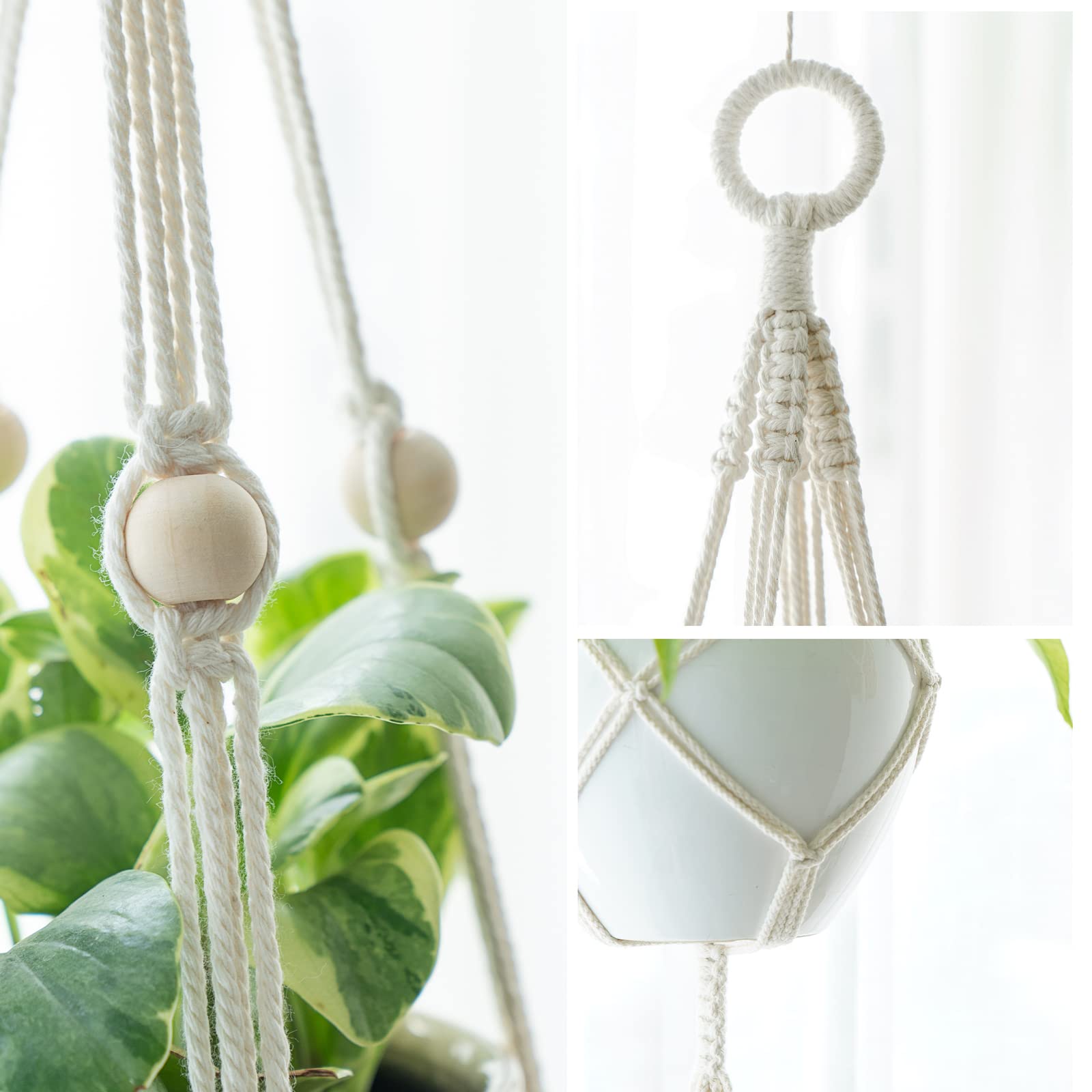Mkono macrame hanger close-up shows natural wood beads for decoration
