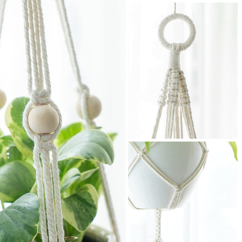 Mkono macrame hanger close-up shows natural wood beads for decoration