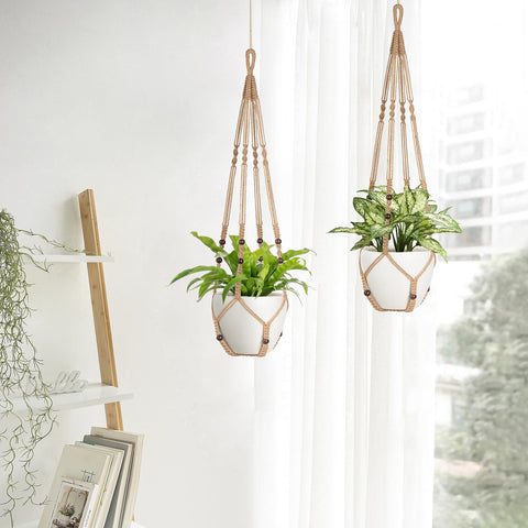 Close-up of Mkono macrame hanger showing wood beads and woven detail for 12-inch pots.