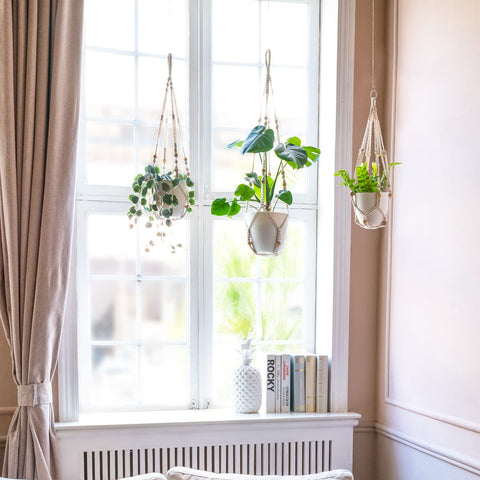Mkono ivory macrame hanger, 29-inch, ideal mid-size planter display near window