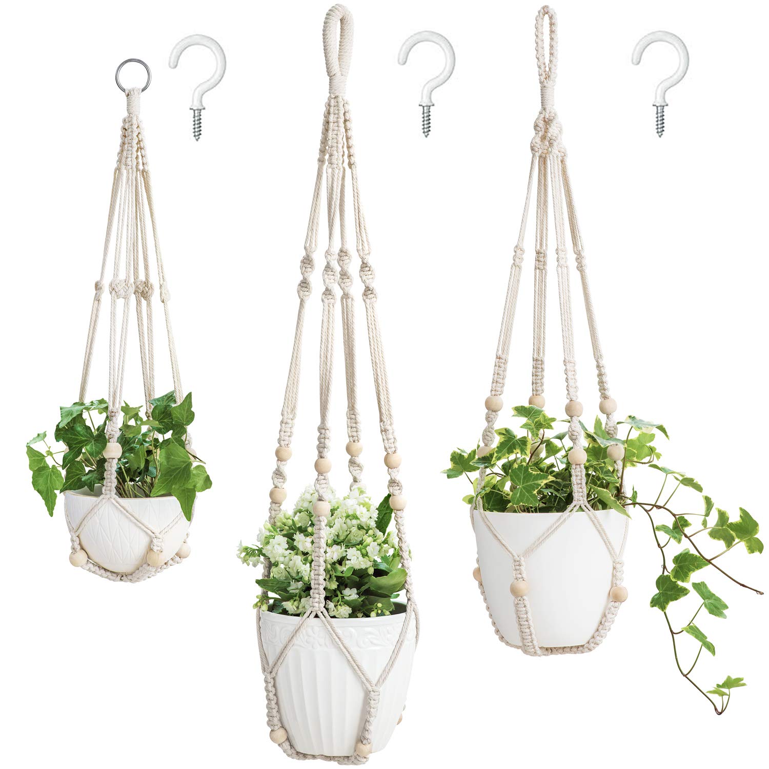 Mkono ivory macrame hanger, 35-inch, sturdy indoor plant display with beads