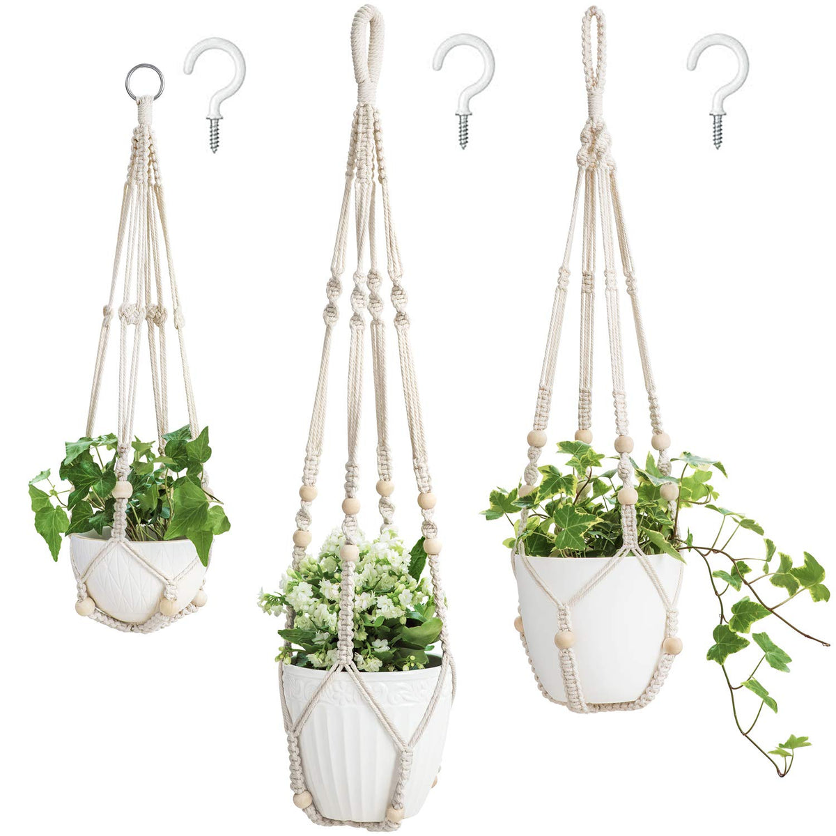 Mkono ivory macrame hanger, 35-inch, sturdy indoor plant display with beads