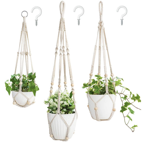 Mkono ivory macrame hanger, 35-inch, sturdy indoor plant display with beads
