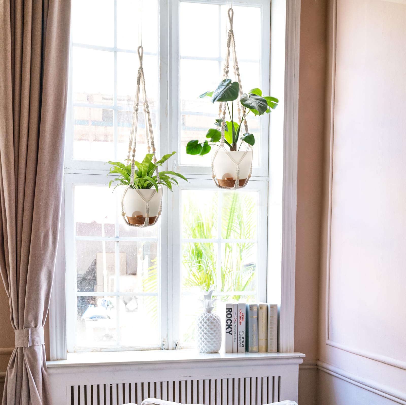 Mkono ivory macrame hanger with four strands adds boho elegance.