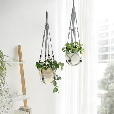 Mkono grey macrame hanger in 23-inch compact option for small pots