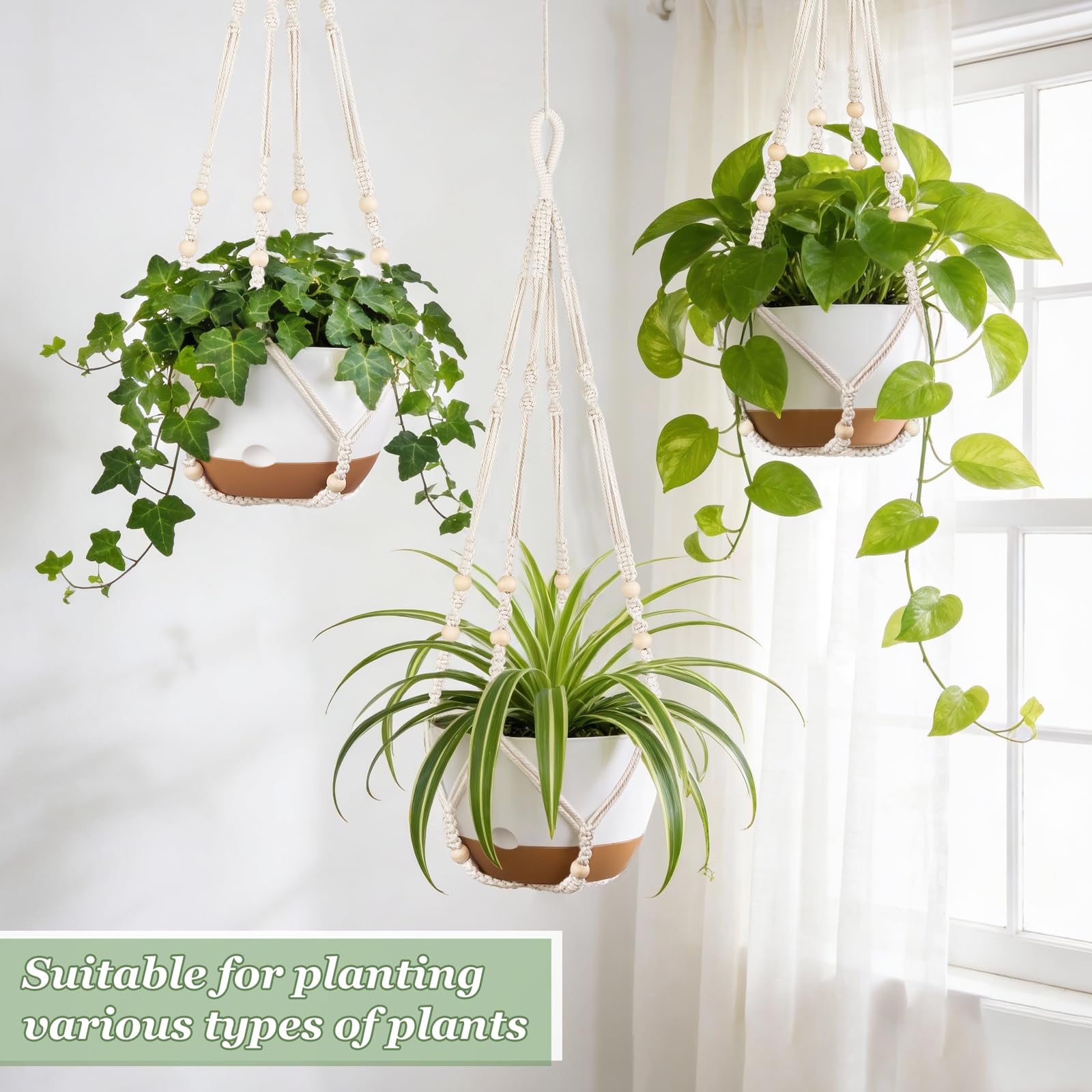 Mkono macrame hanging planter with tray for stylish indoor displays