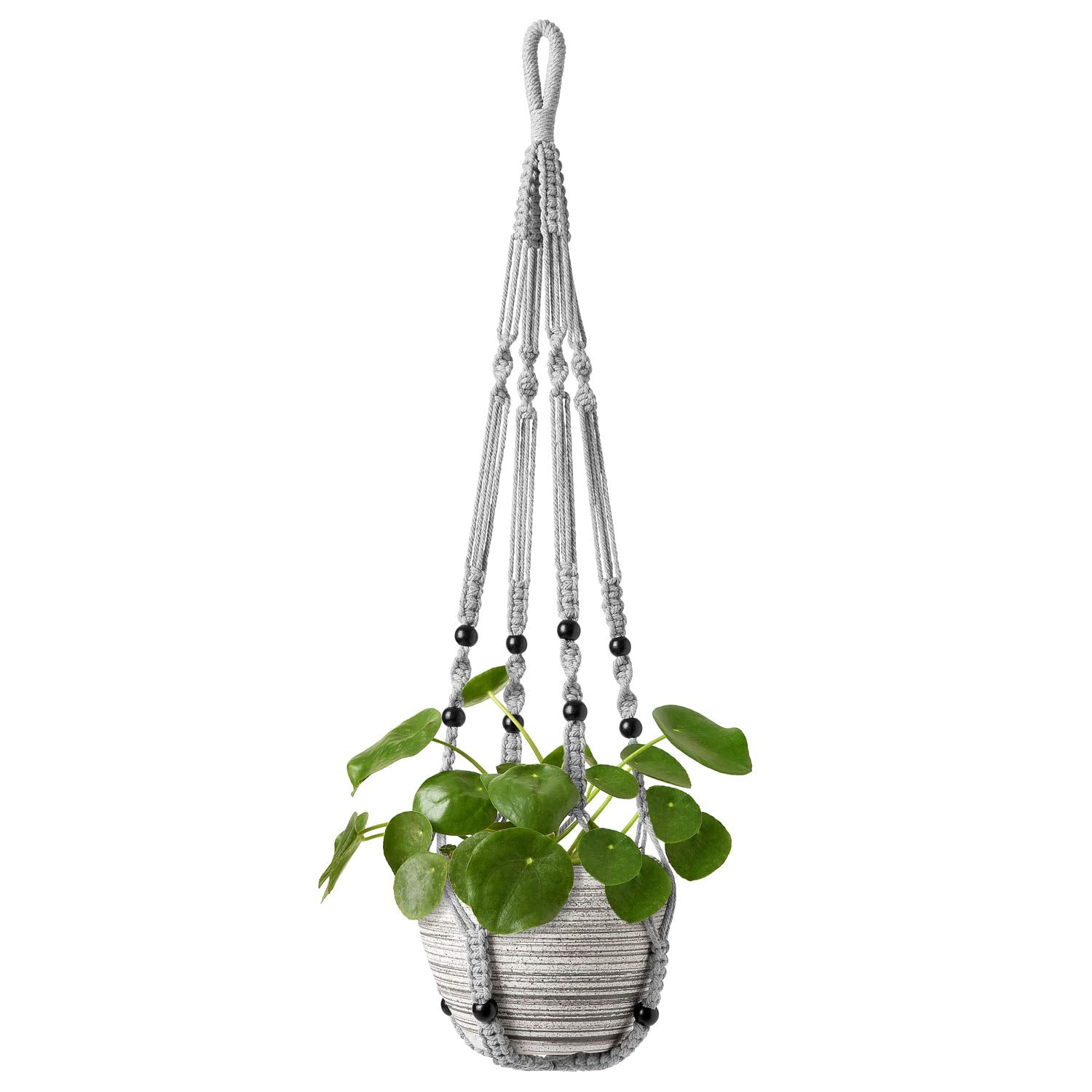 Mkono macrame plant hanger in grey with wood beads, ideal for stylish indoor greenery