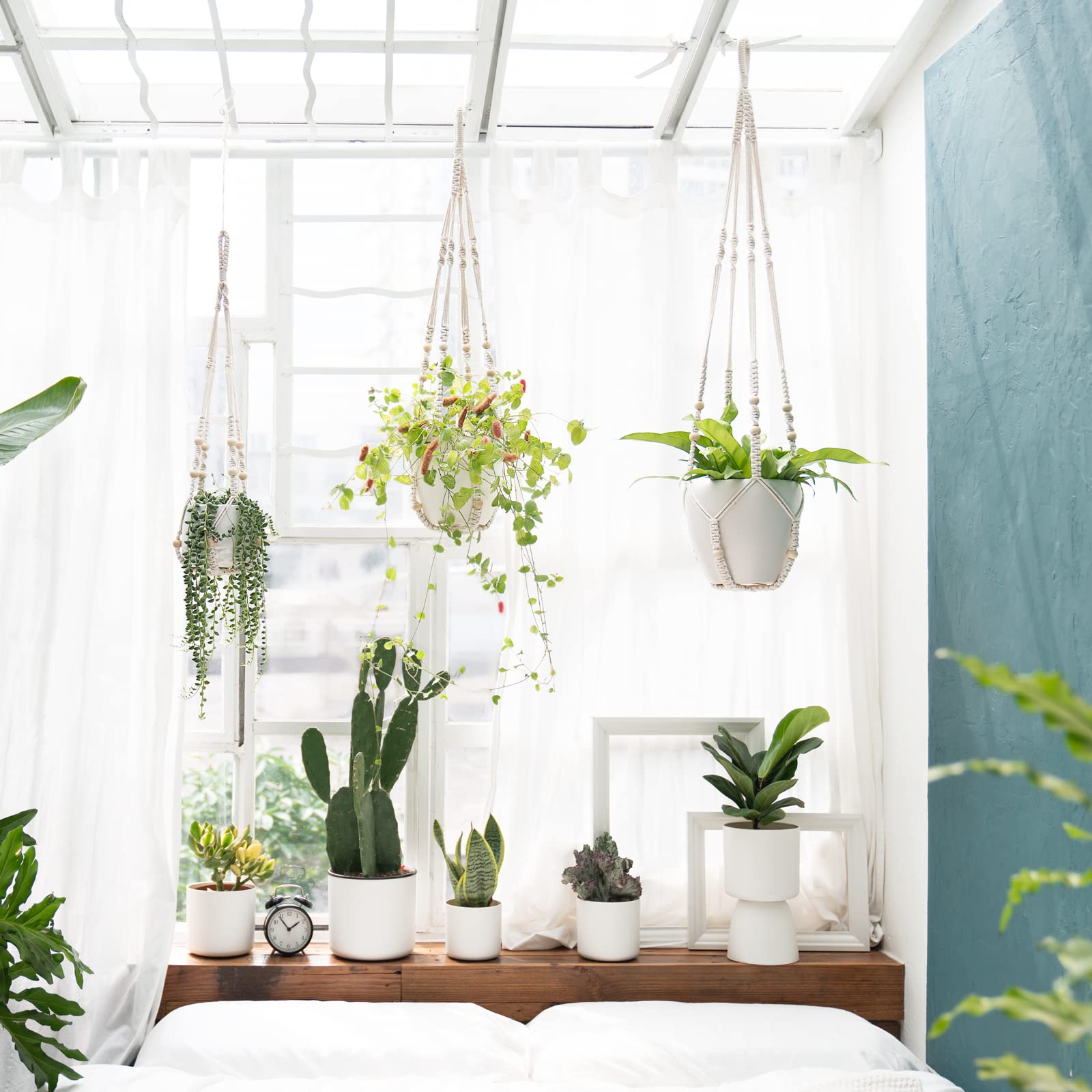 Mkono ivory 35-inch macrame plant hanger for medium pots on shelves