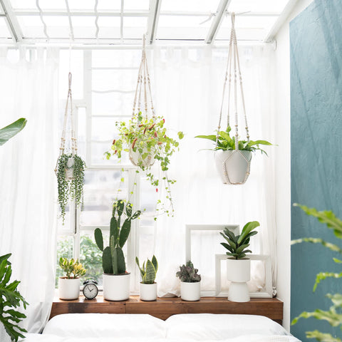 Mkono ivory 35-inch macrame plant hanger for medium pots on shelves