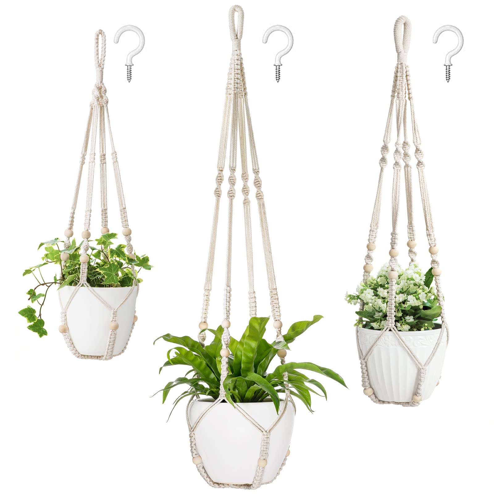 Mkono ivory 43-inch macrame plant hanger with beads for tall indoor plants