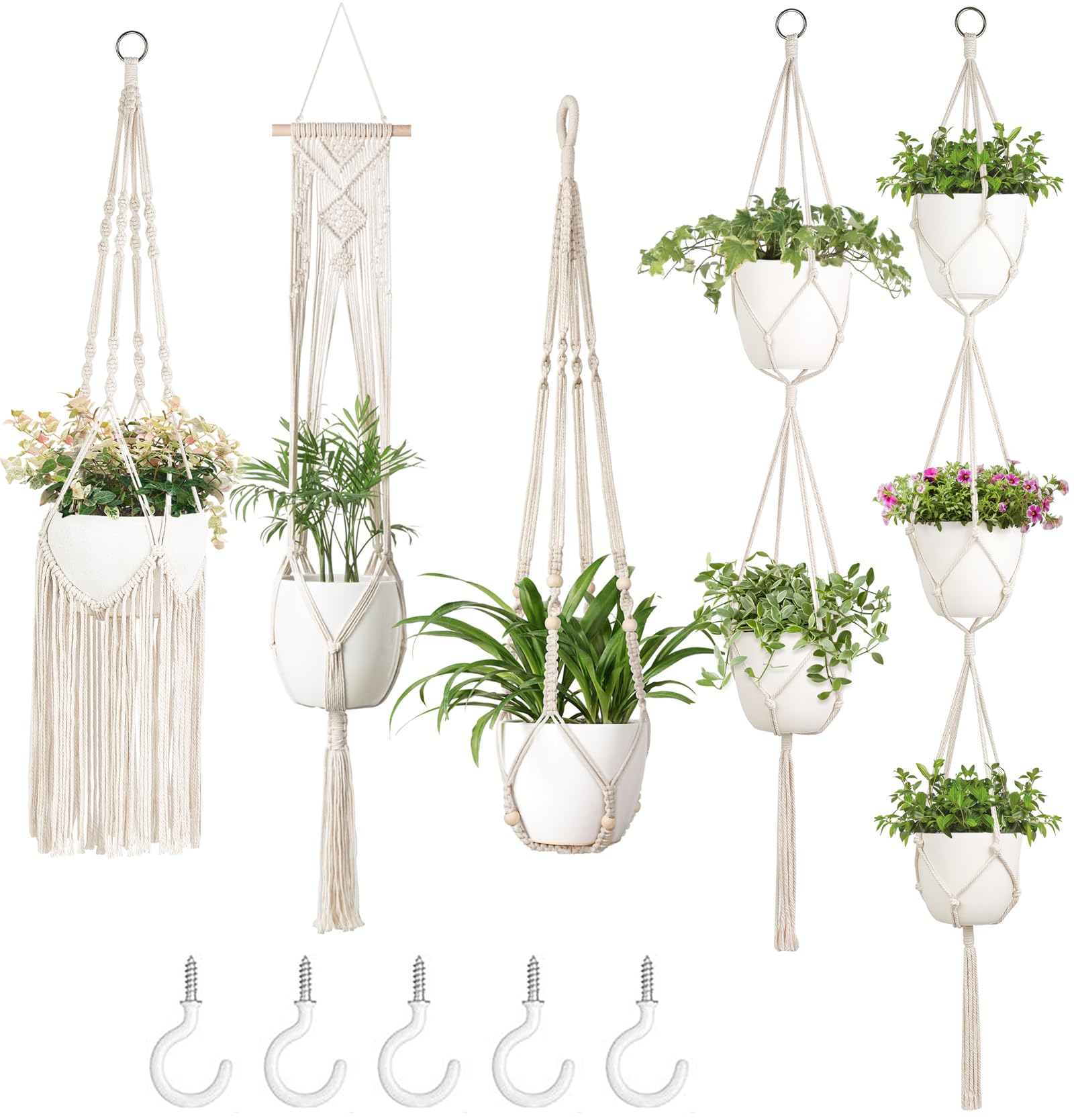Mkono Macrame Plant Hanger Ivory 5-pack front view for stylish indoor decor