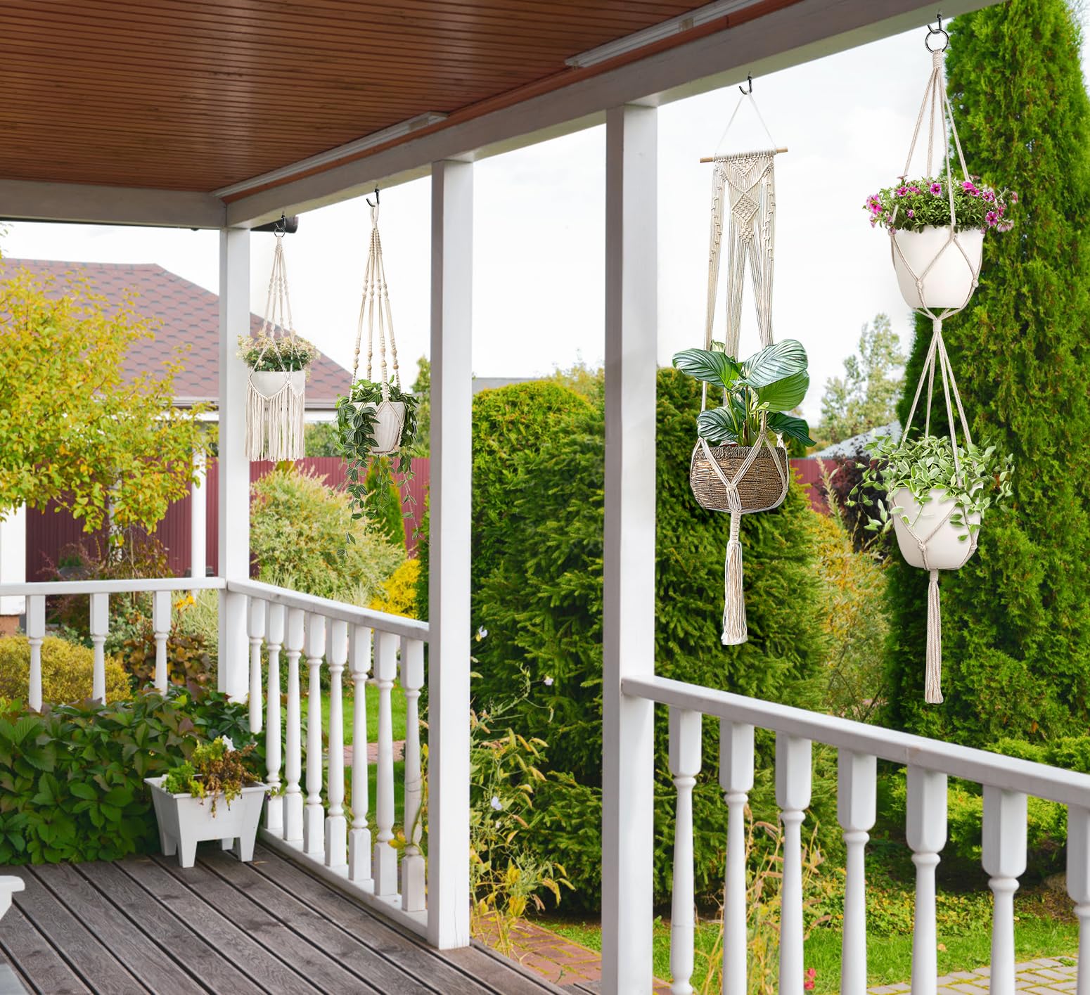 Mkono macrame plant hanger ivory on balcony ready for outdoor display