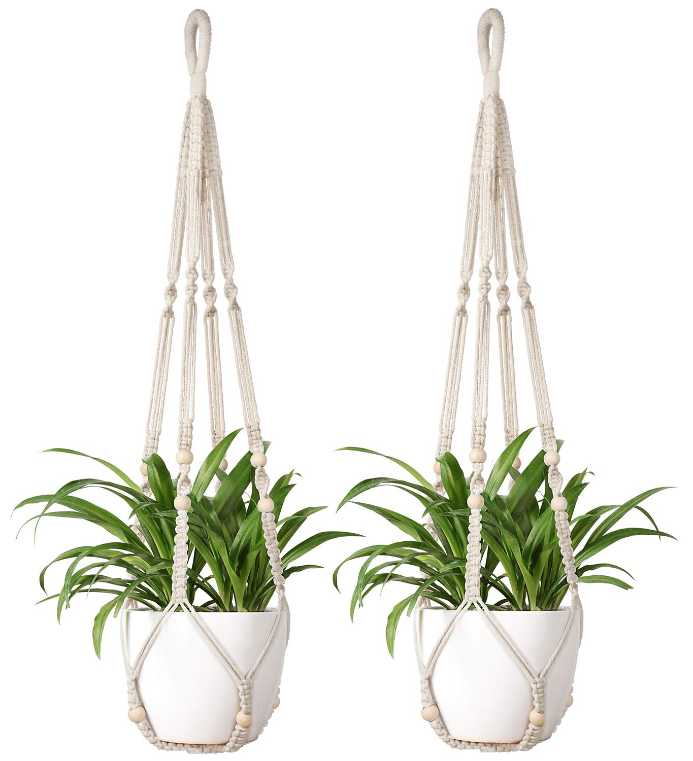 Mkono macrame plant hanger ivory with wood beads, ideal for large planters.