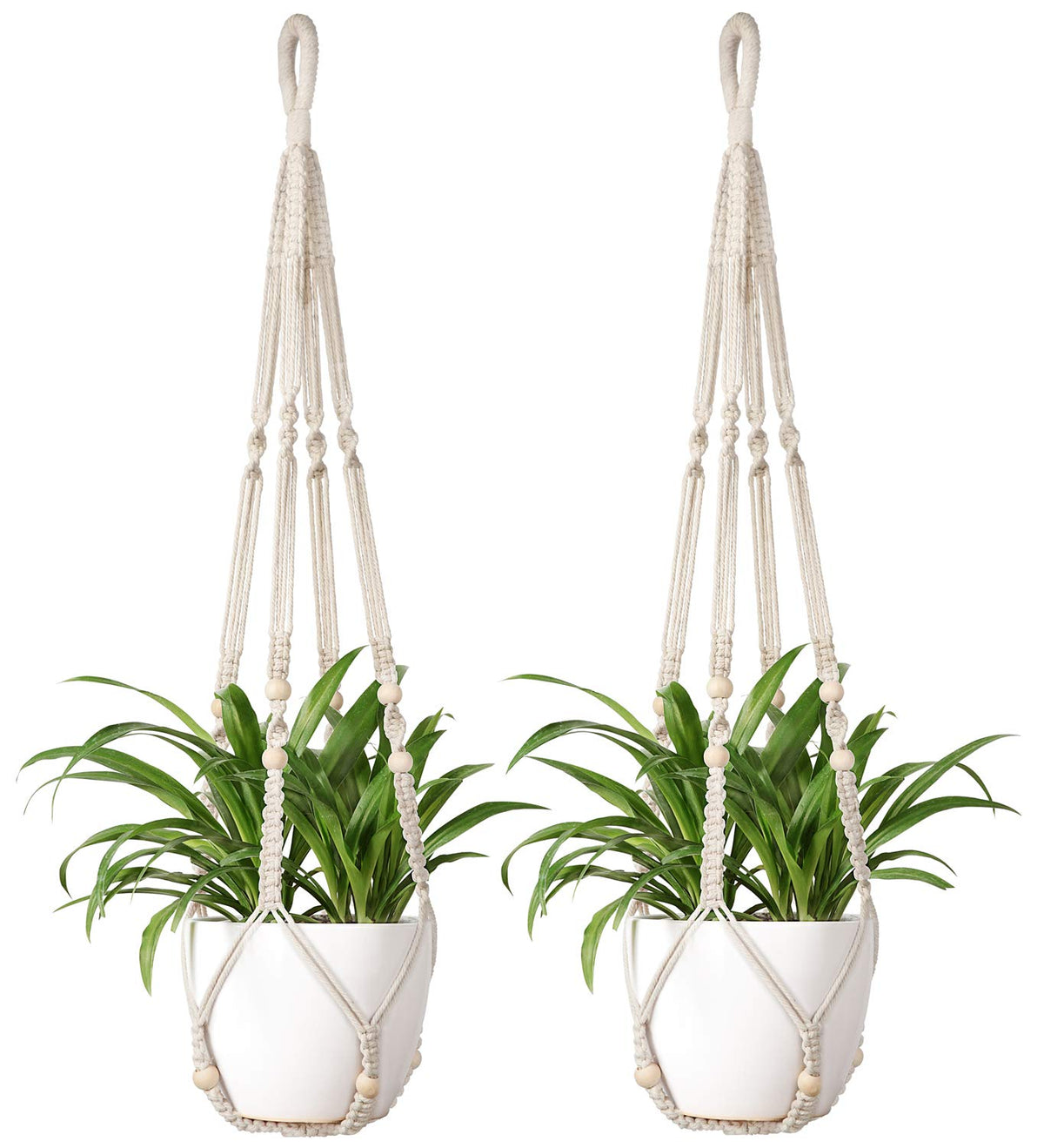 Mkono macrame plant hanger ivory with wood beads, ideal for large planters.