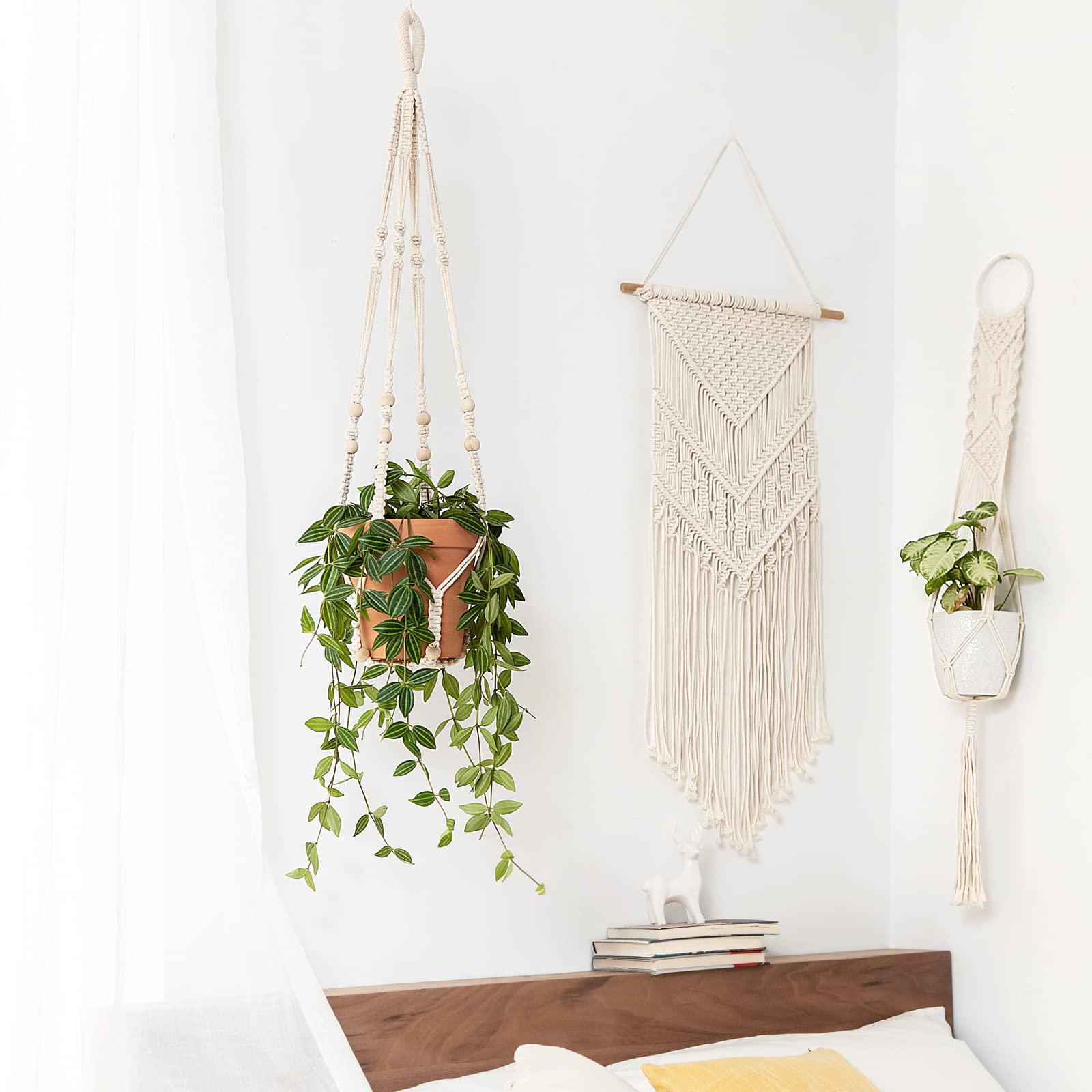 Mkono ivory 35-inch plant hanger set, elevate indoor spaces.
