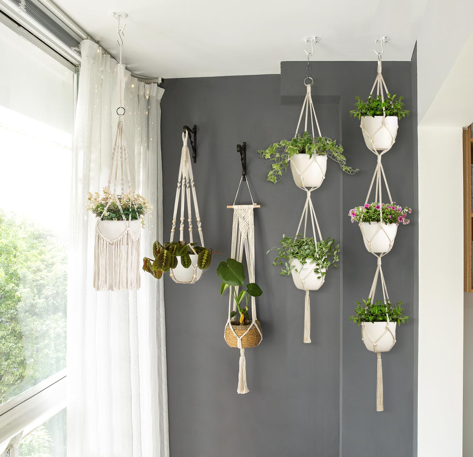 Close-up of cotton cord weave on Mkono macrame plant hanger ivory for texture